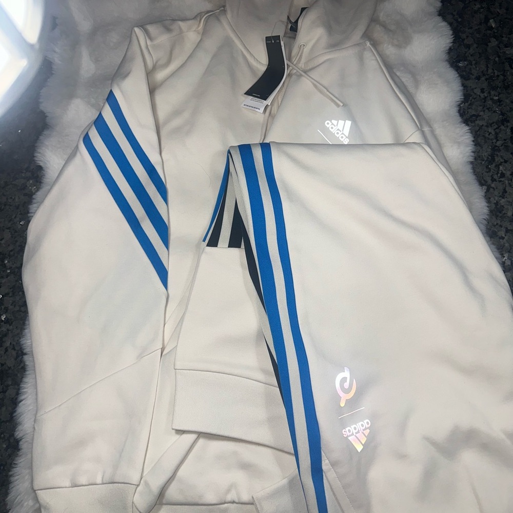 Adidas Cream Hoodie with Blue Stripes & pants. Set - Picture 3 of 4